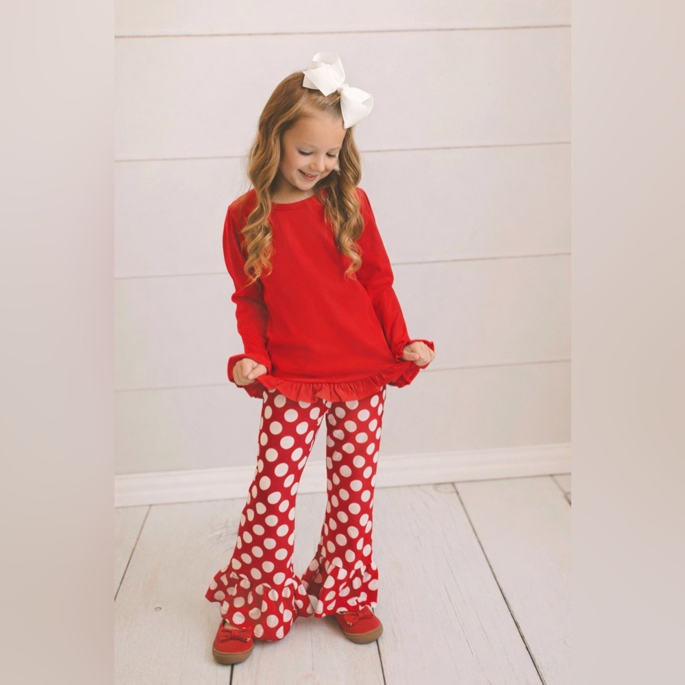 ❤️ Boutique Girls Red Polka Dot 2 Piece Outfit – Ruffle Top & Flare Pants